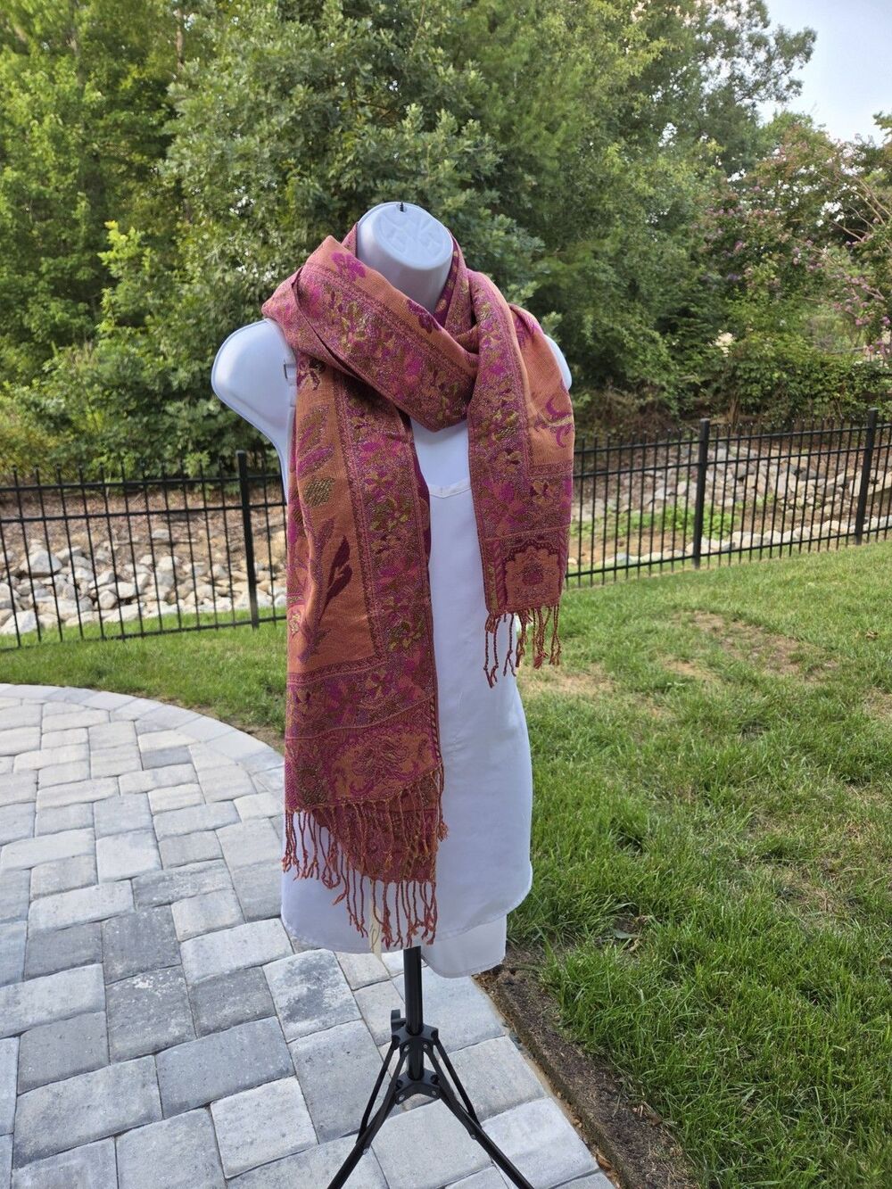 Oversize Pashmina Style Shawl Scarf Pink Floral Midweight Fringe Regal Whimsical